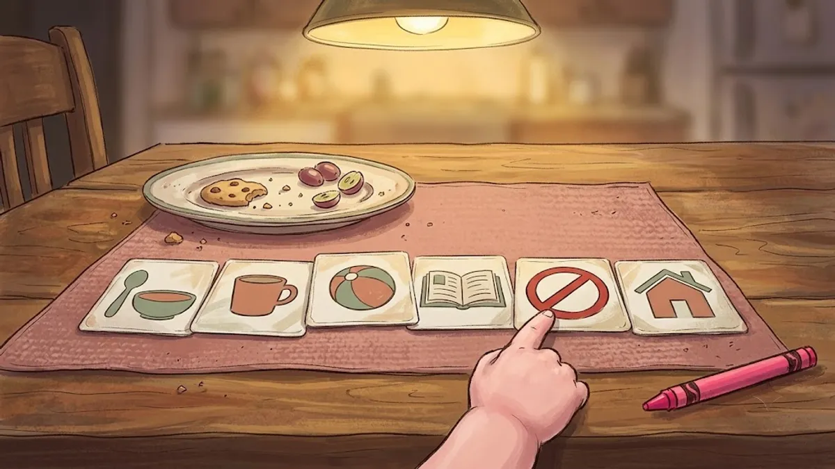 A toddler's hand reaching for a laminated all done PECS communication card laid out on a wooden table alongside five other colorful first-word picture cards.