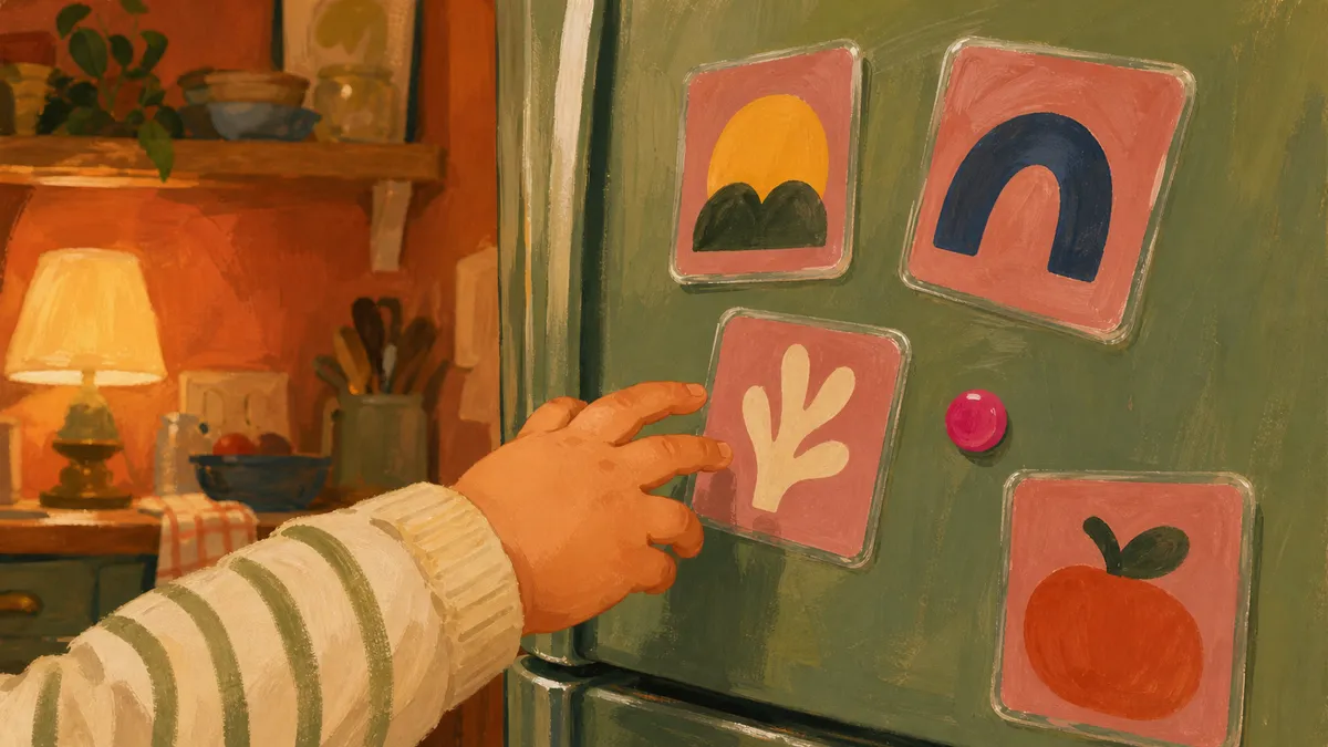 A toddler's hand reaching toward a set of laminated picture communication cards displayed on a refrigerator at child height, showing simple icons for common needs like food, drink, and sleep.