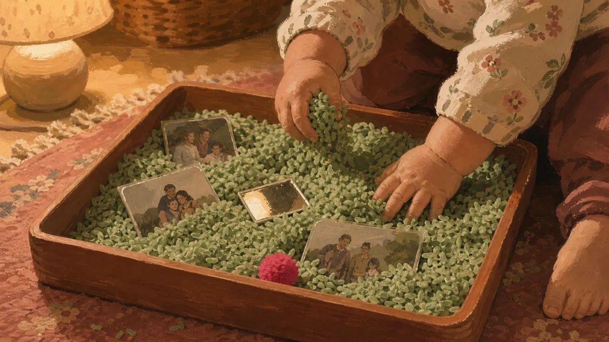 A toddler's hands digging through a shallow bin filled with colored rice, small family photos, and everyday objects representing their world.