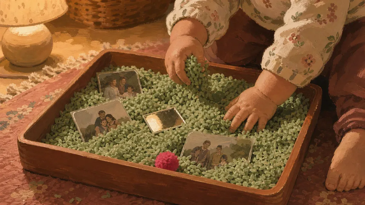 A toddler's hands digging through a shallow bin filled with colored rice, small family photos, and everyday objects representing their world.