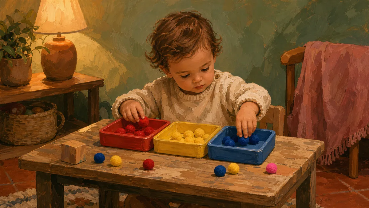 A toddler sitting at a low table sorting red, yellow, and blue objects by colour into matching trays during a simple colour-learning activity.