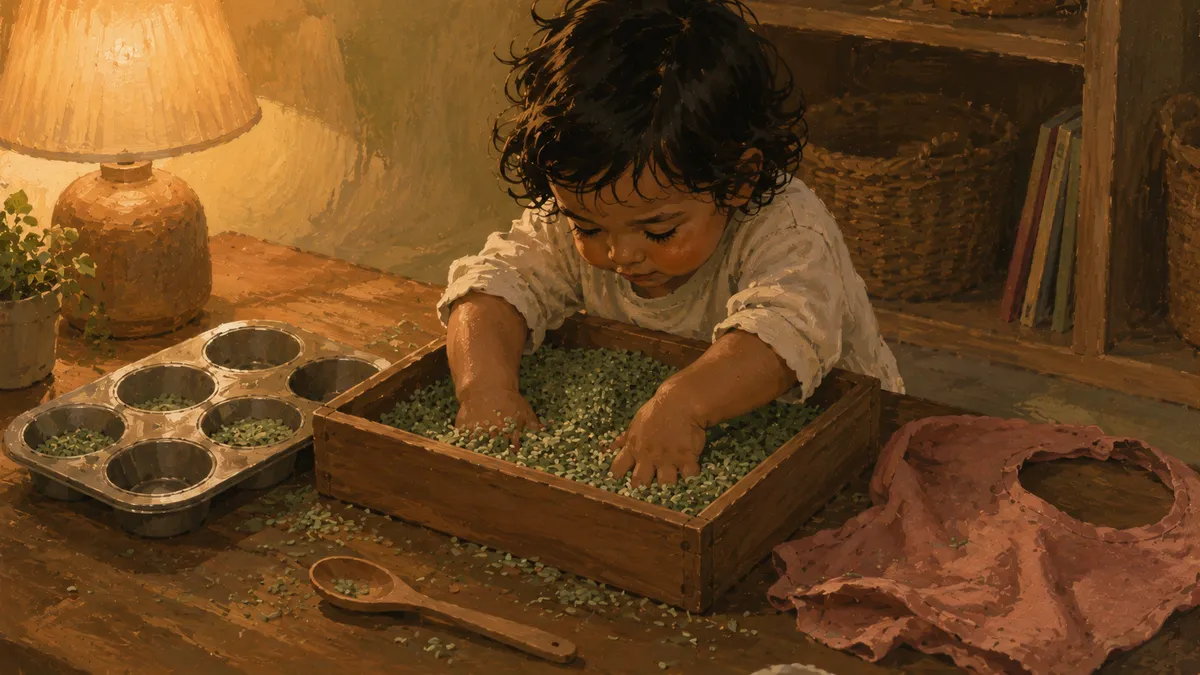 A toddler sitting at a low table with both hands buried in a bin of dyed rice, muffin tins and wooden spoons nearby, natural light from a side window.