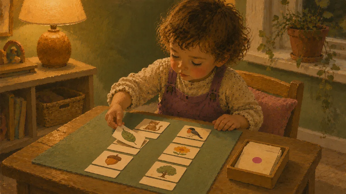 A toddler sitting at a small wooden table matching Montessori 3-part cards laid out in three columns on a light-colored mat.