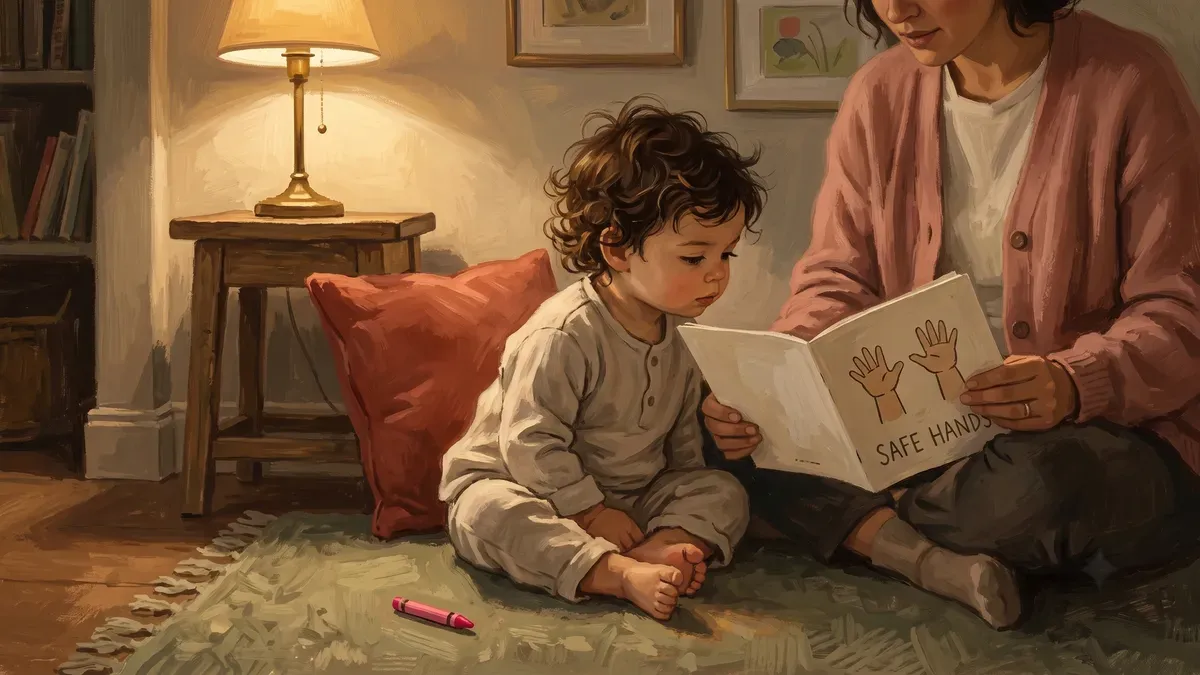 A toddler sitting on a colorful rug listening while a caregiver reads a simple illustrated social story about keeping hands safe.