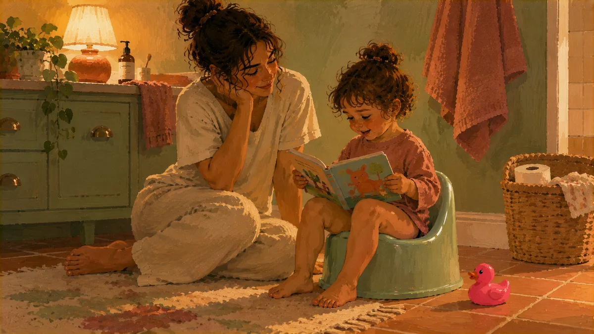 A toddler sitting on a small white training potty in a sunny bathroom, holding an open picture book while a calm parent kneels nearby.