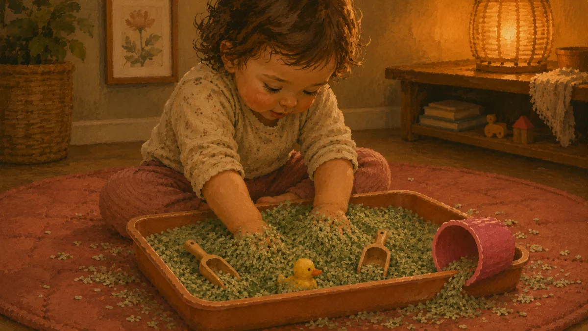 A toddler sitting on the floor with both hands buried in a rice sensory bin filled with small scoops and hidden toys, fully absorbed in play.
