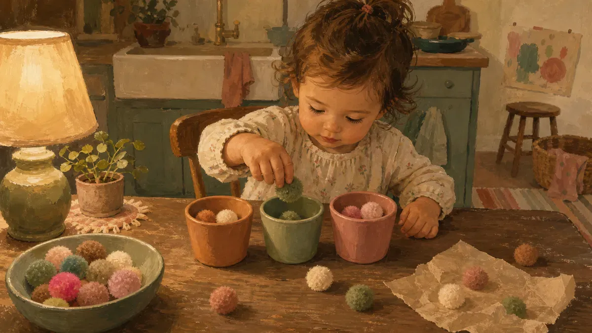 A toddler sorting colorful pom-poms into matching colored cups on a kitchen table, focused and calm.