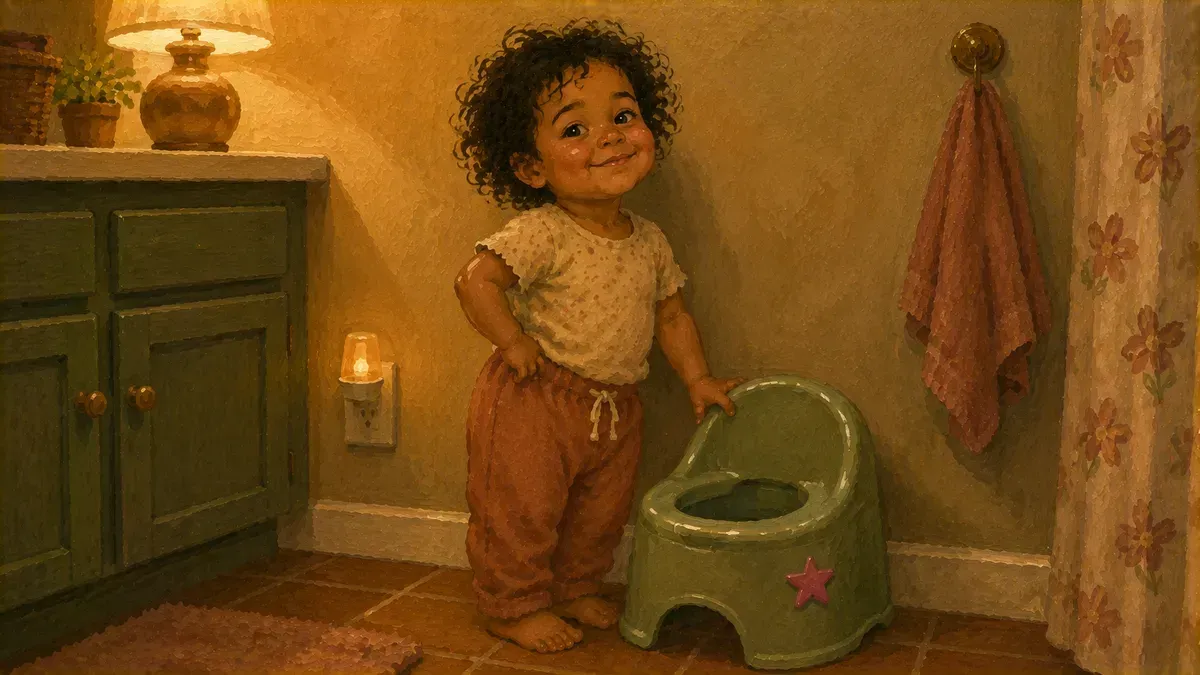 A toddler standing next to a small training potty in a bright daycare bathroom, looking proud and calm.