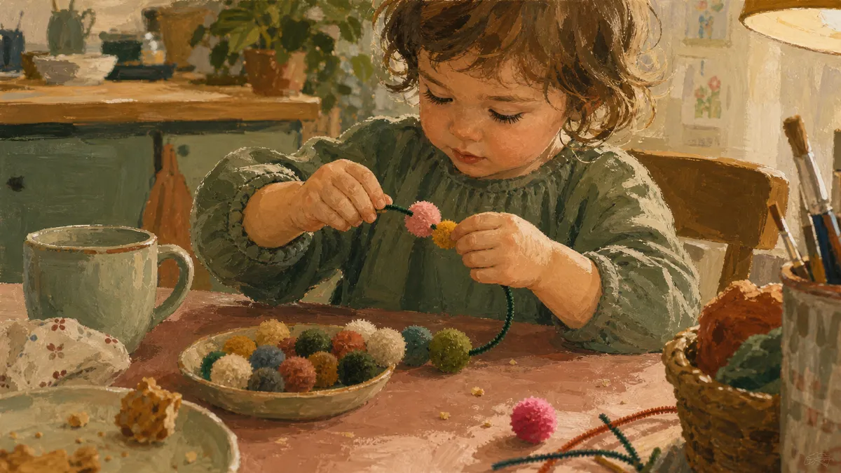 A toddler threading red and green pom poms onto a pipe cleaner at a table covered with holiday craft supplies.