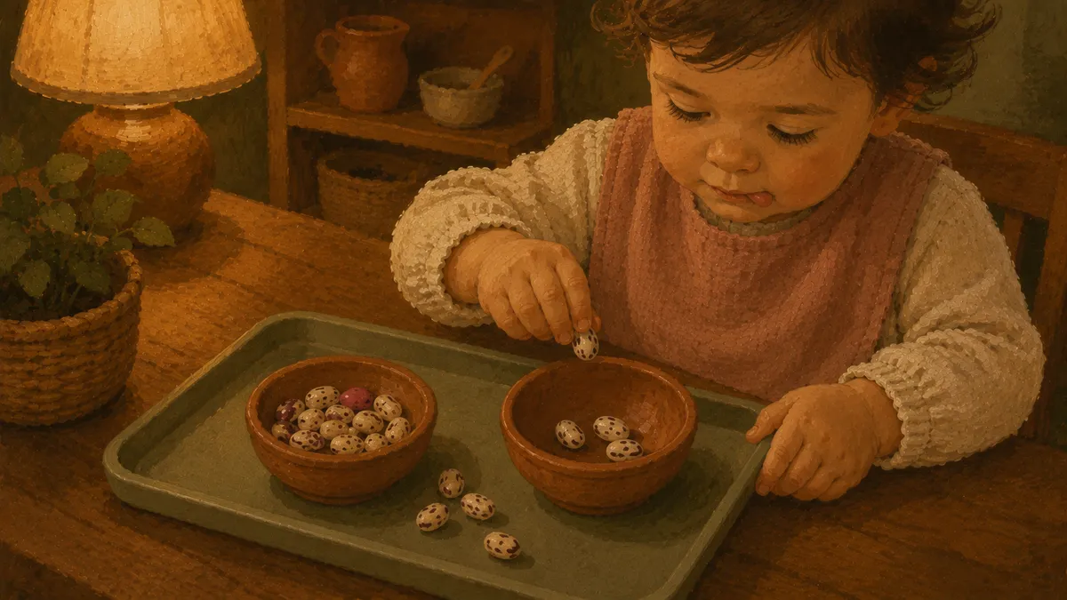 A toddler transfers dried beans between small bowls on a wooden tray set up as a Montessori practical life activity.