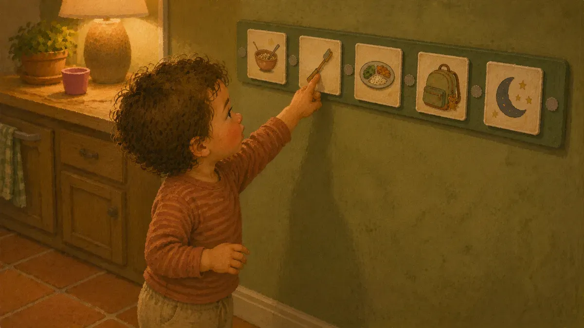 A young autistic child pointing to a laminated picture card on a velcro visual schedule strip mounted at eye level on a kitchen wall