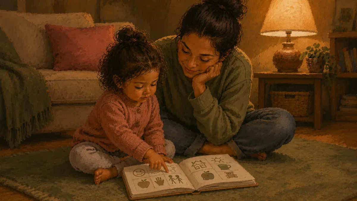 A young child and a caregiver sitting together on a colorful rug, reading a simple illustrated social story about personal space and asking before hugging.