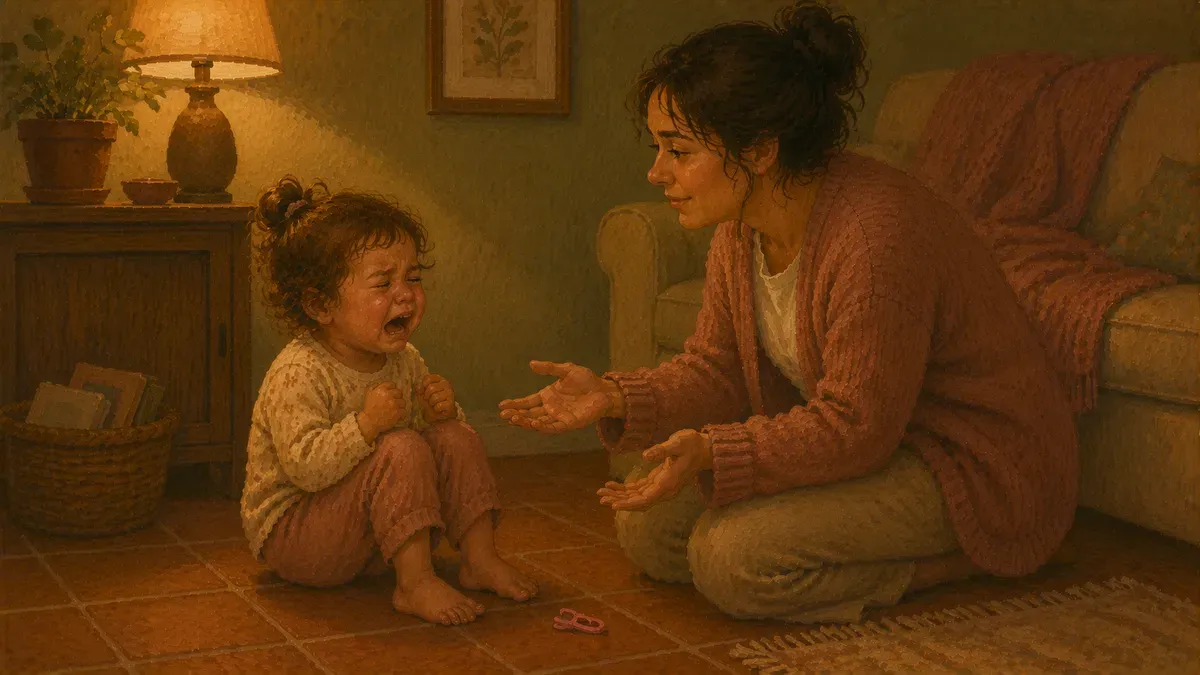 A young child mid-meltdown on the floor while a calm parent sits nearby at eye level, ready to help.
