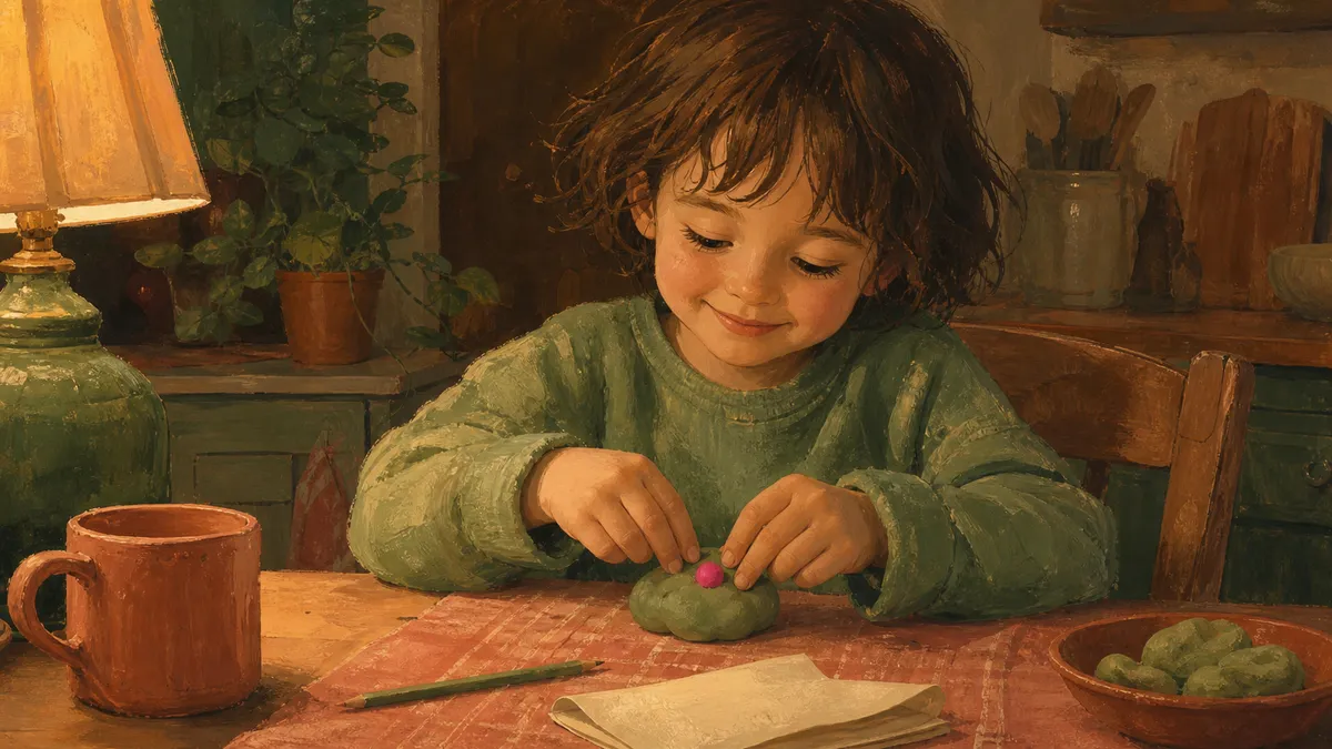 A young child pinching and rolling a small piece of playdough on a wooden table, warming up their fingers before handwriting practice.