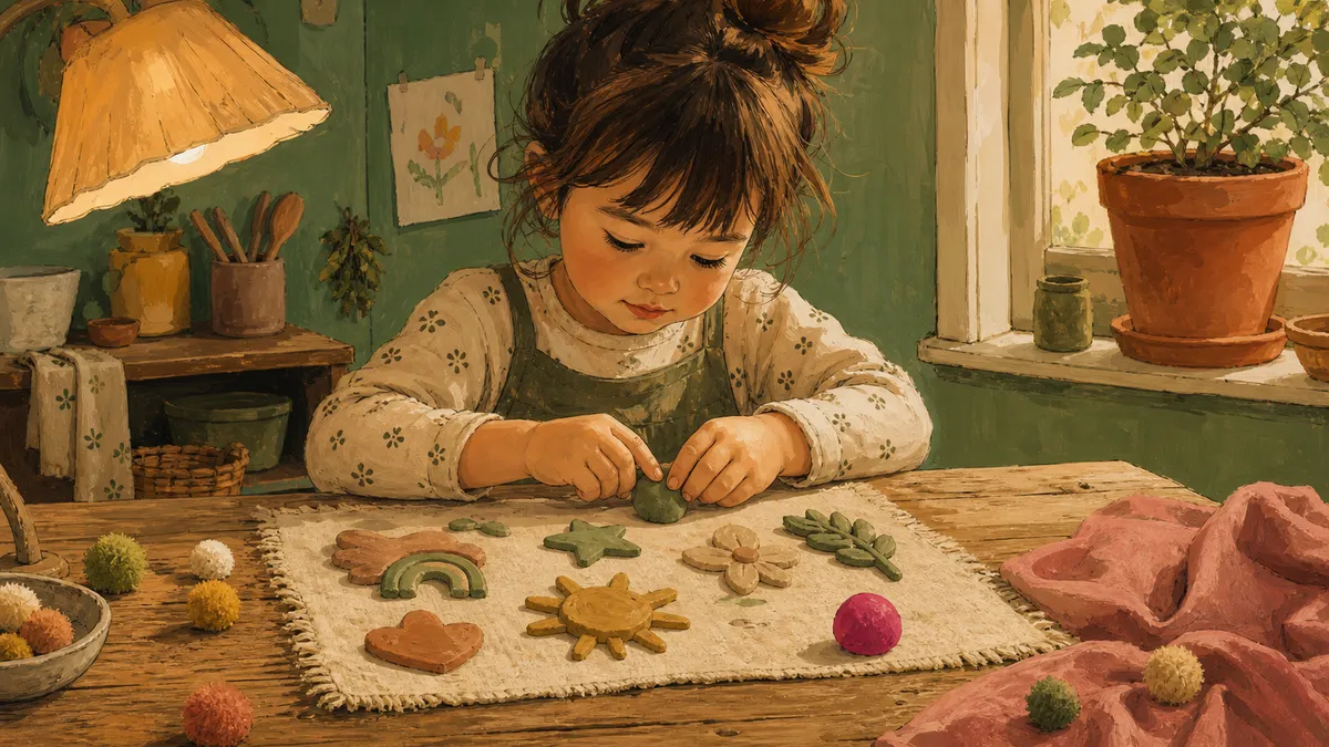 A young child pressing colorful play dough shapes onto a textured mat during a hands-on fine motor activity at a low table.