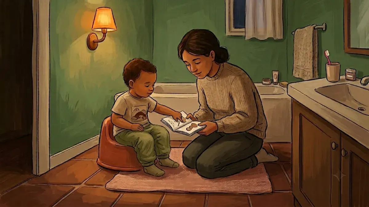 A young child sits on a small potty while a parent reads a simple illustrated social story booklet together, warm and calm home setting.