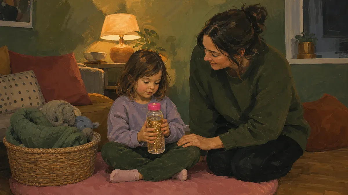 A young child sitting cross-legged on a cozy floor mat, squeezing a homemade sensory bottle while a parent kneels beside them in a calm, softly lit corner of the living room.