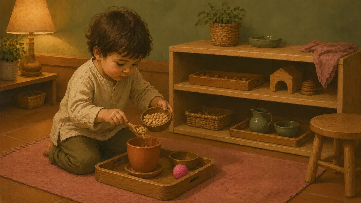A young child with ADHD works independently at a low Montessori shelf, arranging colorful wooden materials on a play mat in a calm home learning space.