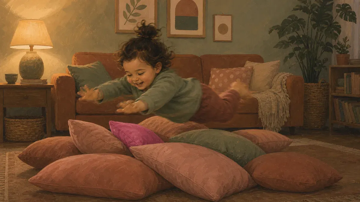Active toddler crashing into cushions and seeking deep-pressure input