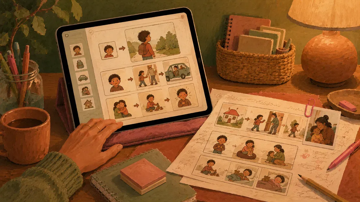 An editable social story template open on a tablet ready to personalize