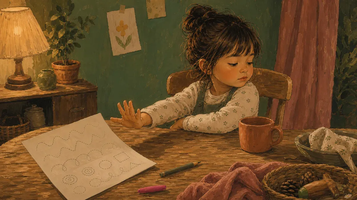 Autistic child pushing away a tracing worksheet at a kitchen table