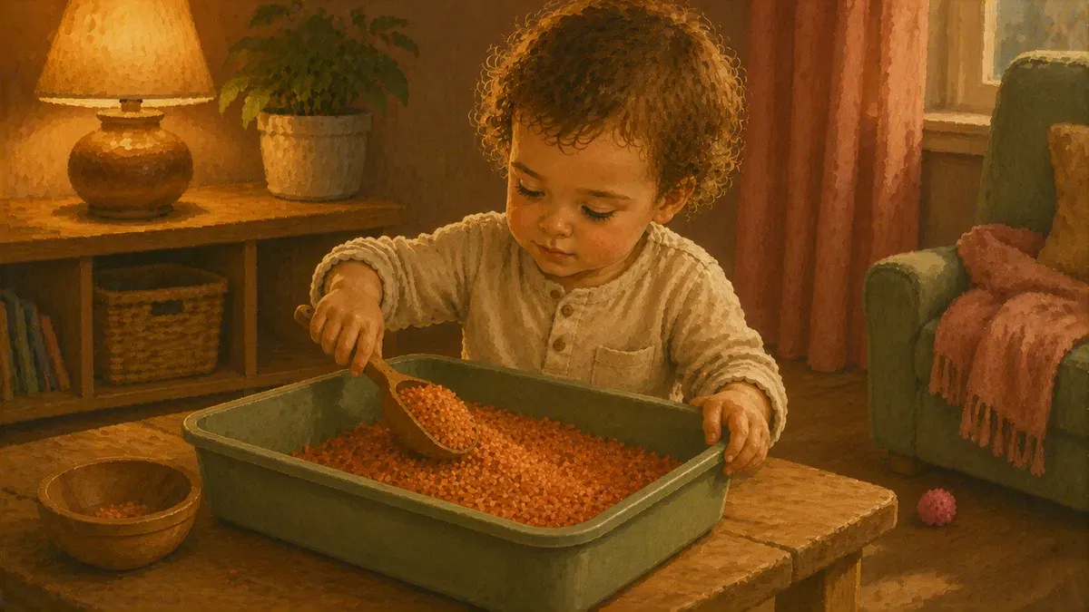 Autistic toddler calmly scooping dyed rice in a sensory bin at home