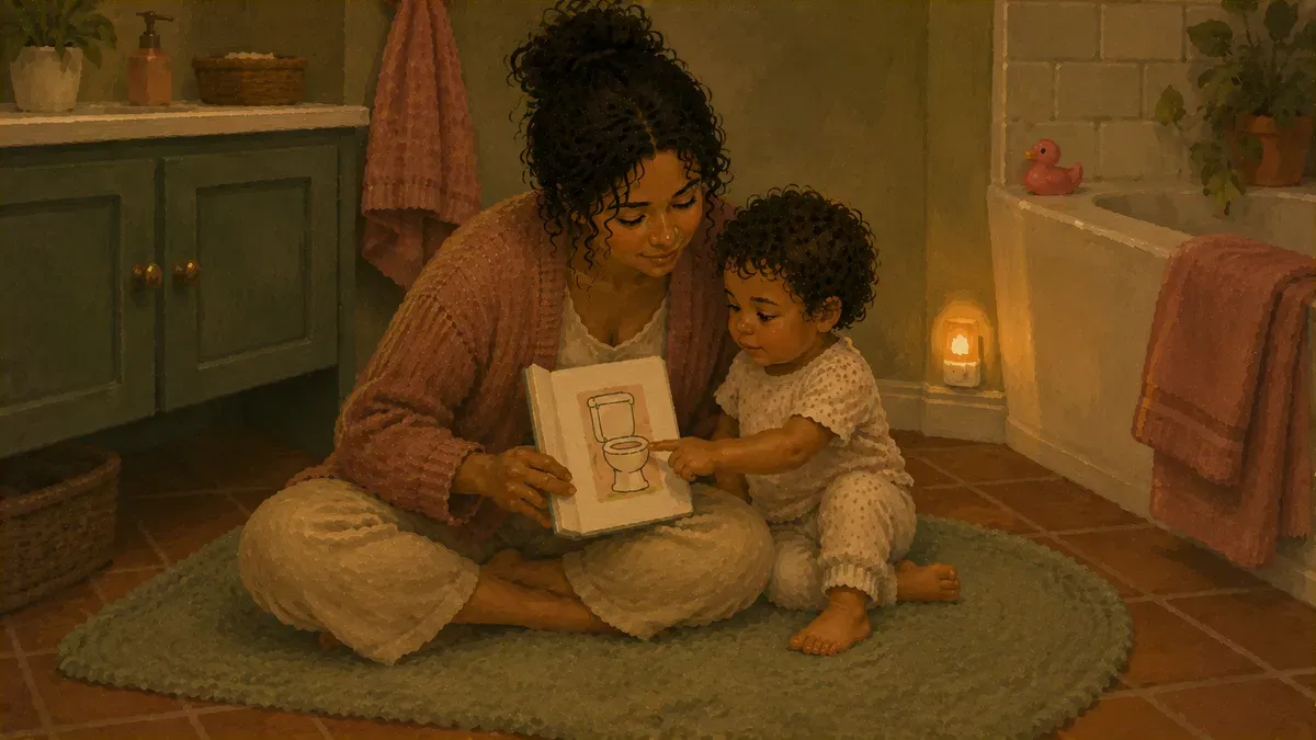 Autistic toddler reading a printed potty training social story with a parent on the bathroom floor