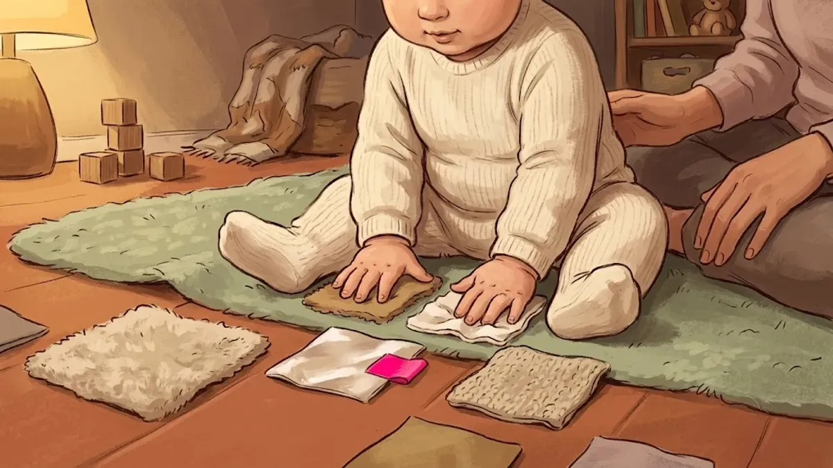 Baby exploring textured fabric squares with hands during supervised floor play
