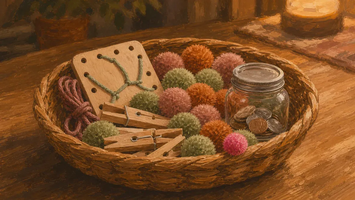 Basket of busy-bag fine motor materials including pom poms and clothespins