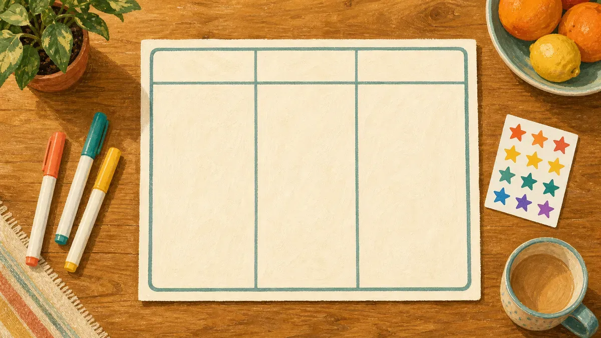 Blank three-column chore chart template laid out on a table with markers