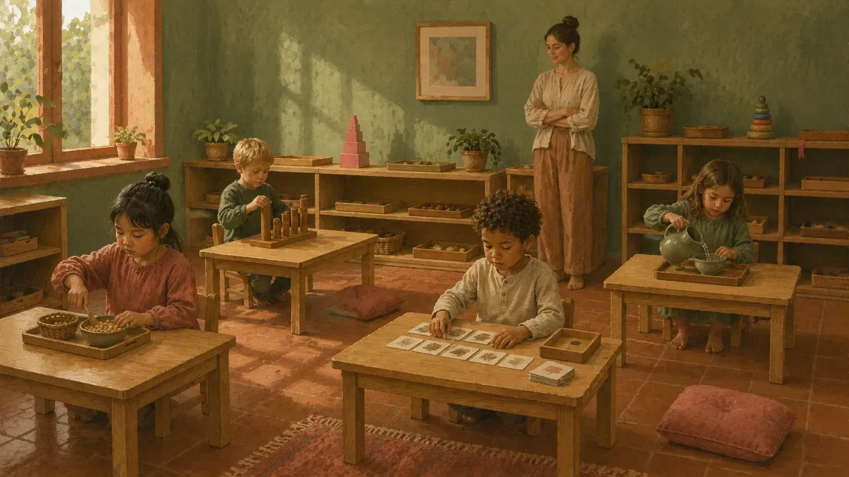 Bright Montessori classroom with children working independently at low tables