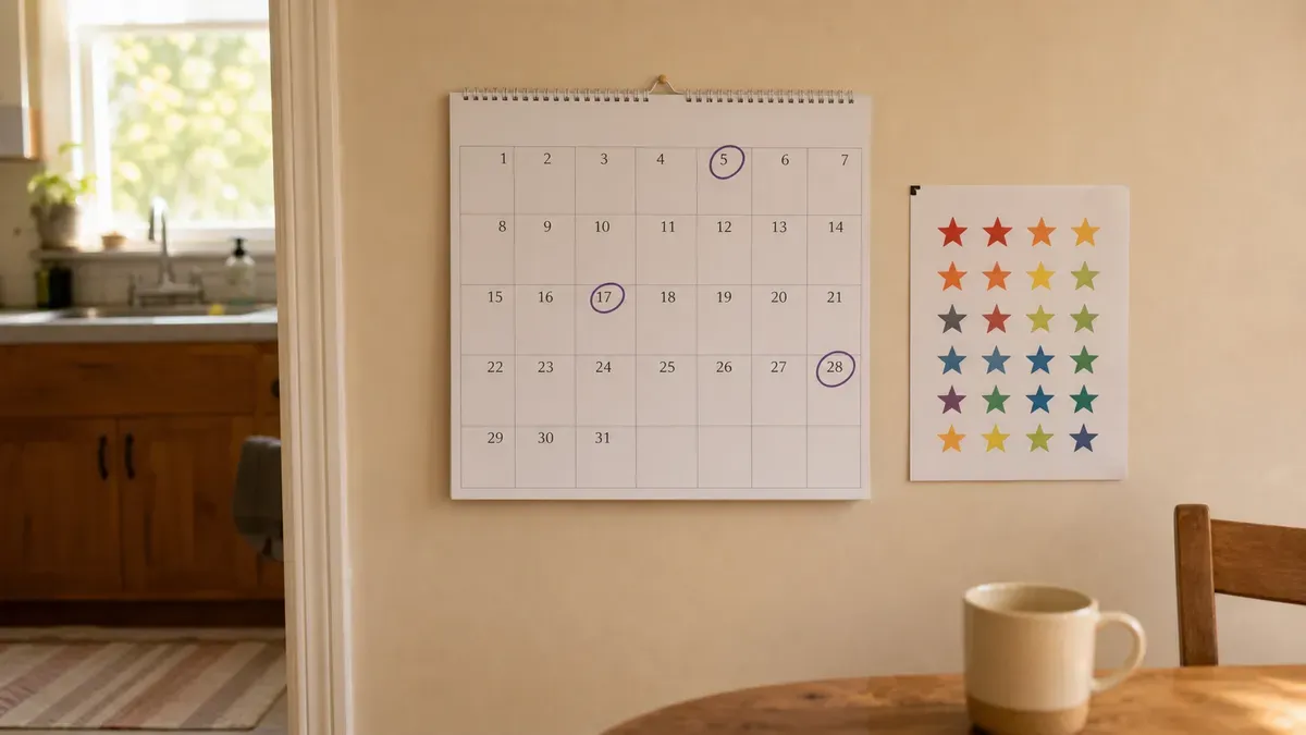 Calendar with potty training days marked, casual home setting