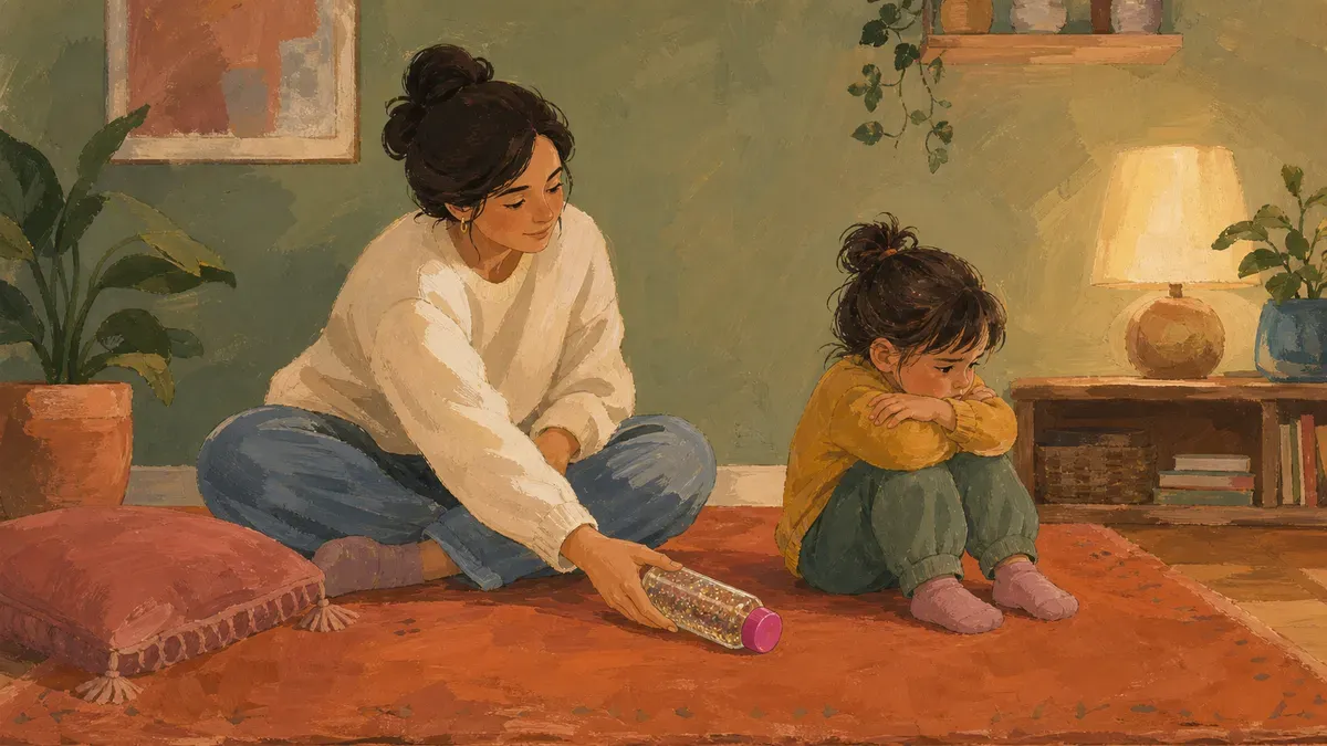 Calm adult gently removing a thrown sensory item while staying near an upset preschooler