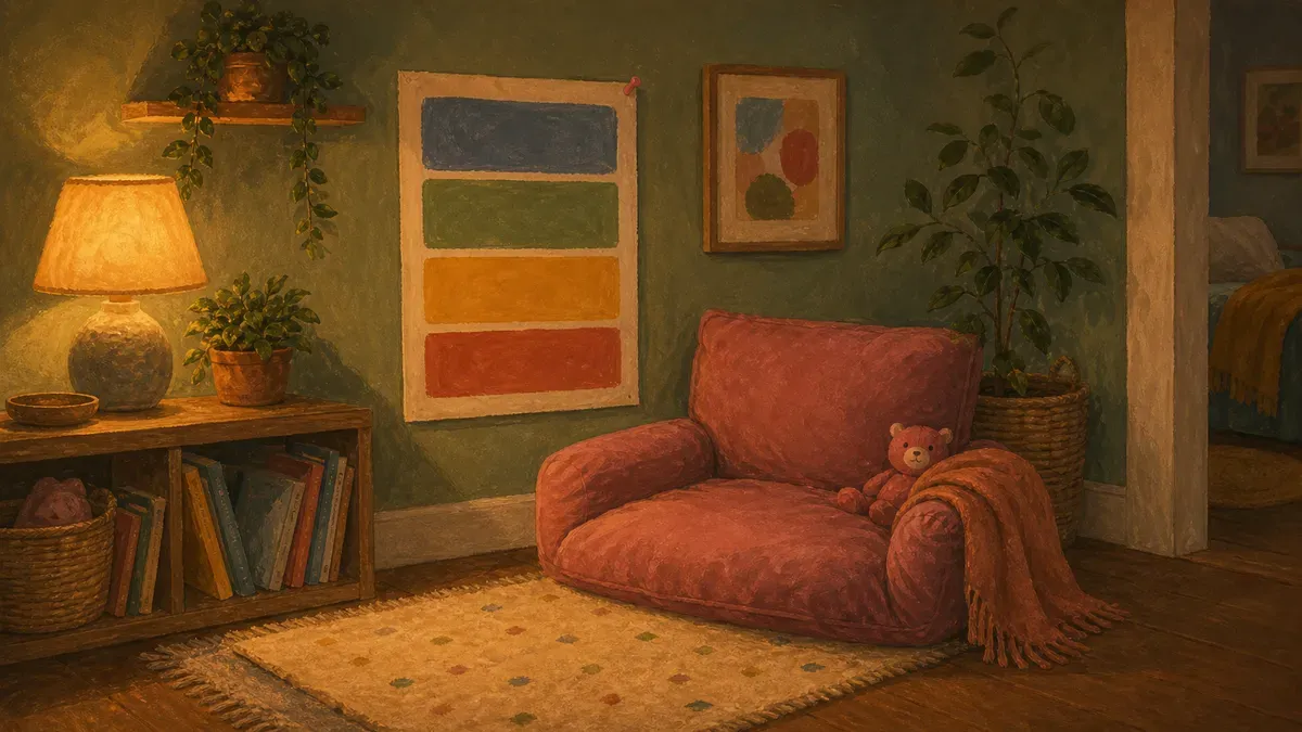 Calm-down corner with a feelings chart on the wall and soft seating in a cozy reading nook