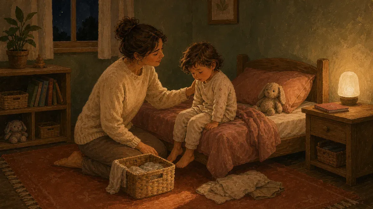 Calm parent comforting a child after a nighttime accident, no shame