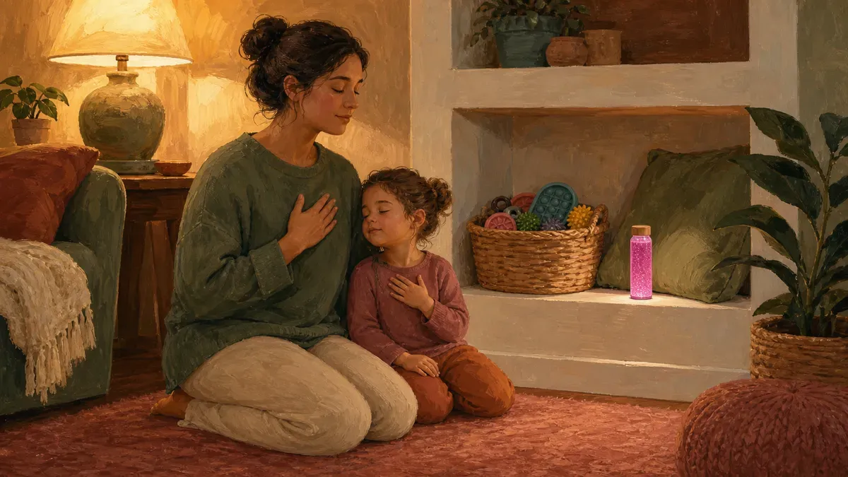 Caregiver kneeling beside a child in a calm down corner practicing a breathing exercise together