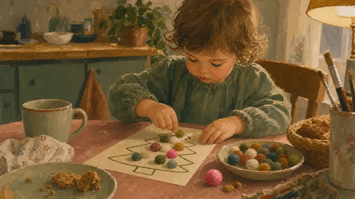 Child decorating a paper Christmas tree with small pom poms at a kitchen table