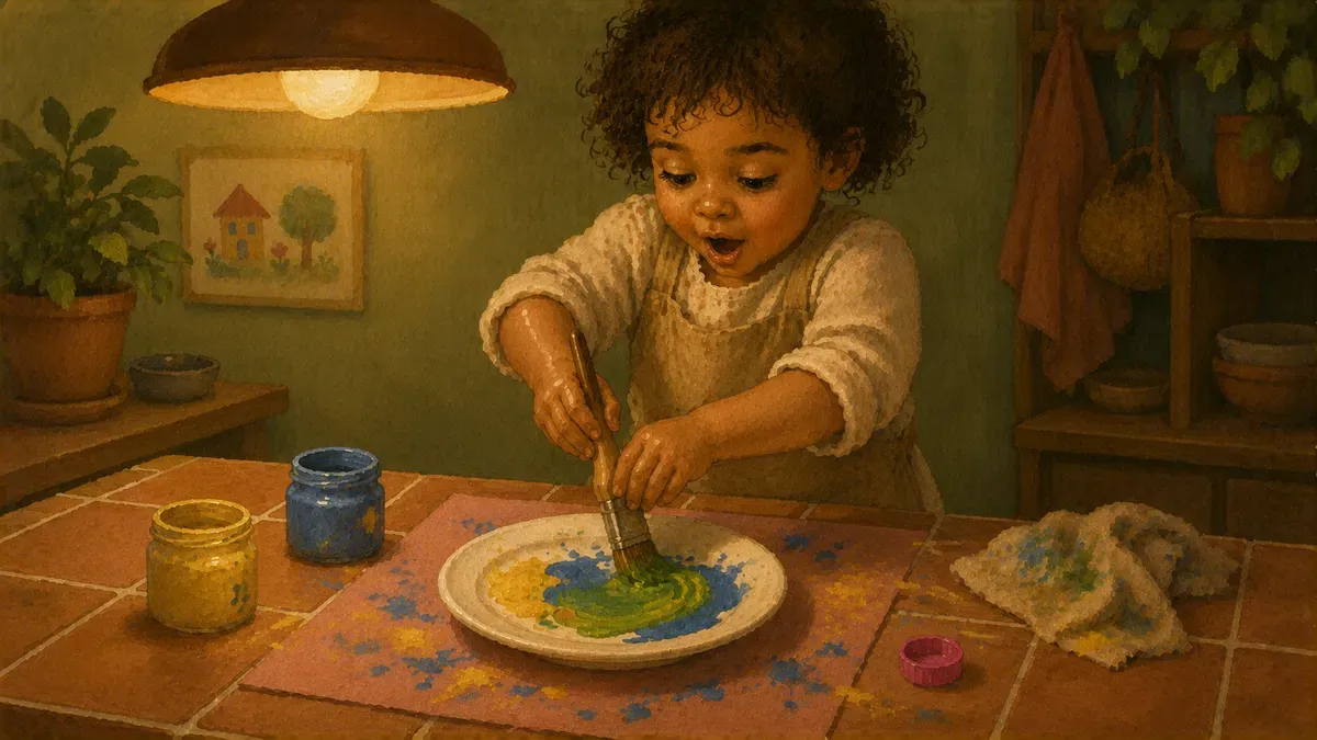 Child mixing yellow and blue paint to make green in a color mixing activity