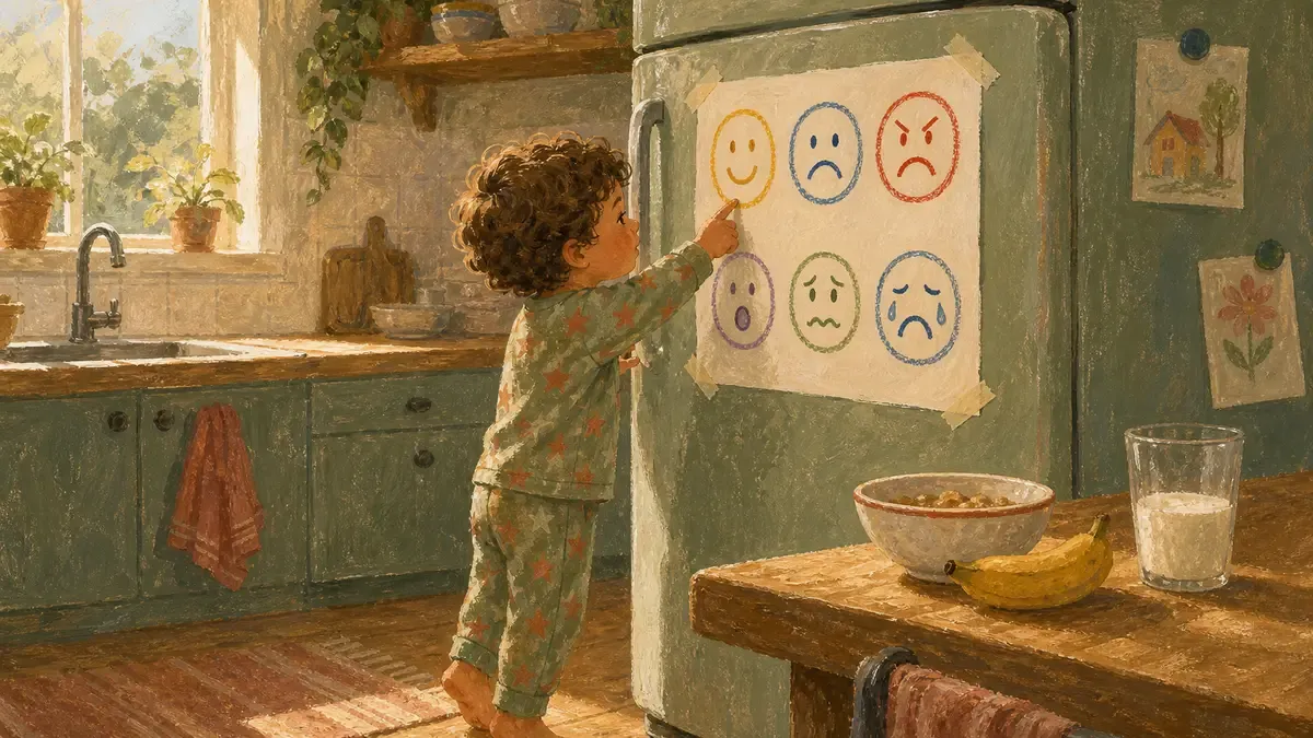 Child pointing to a feelings chart on the refrigerator during breakfast