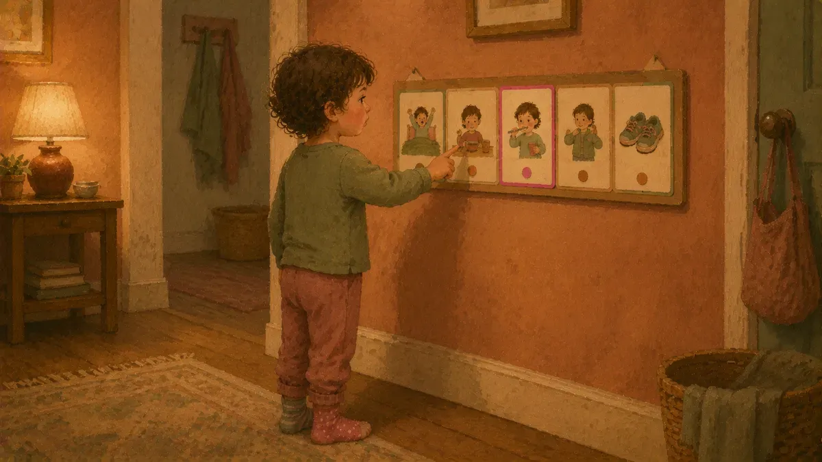 Child pointing to a task on their morning routine chart while getting ready
