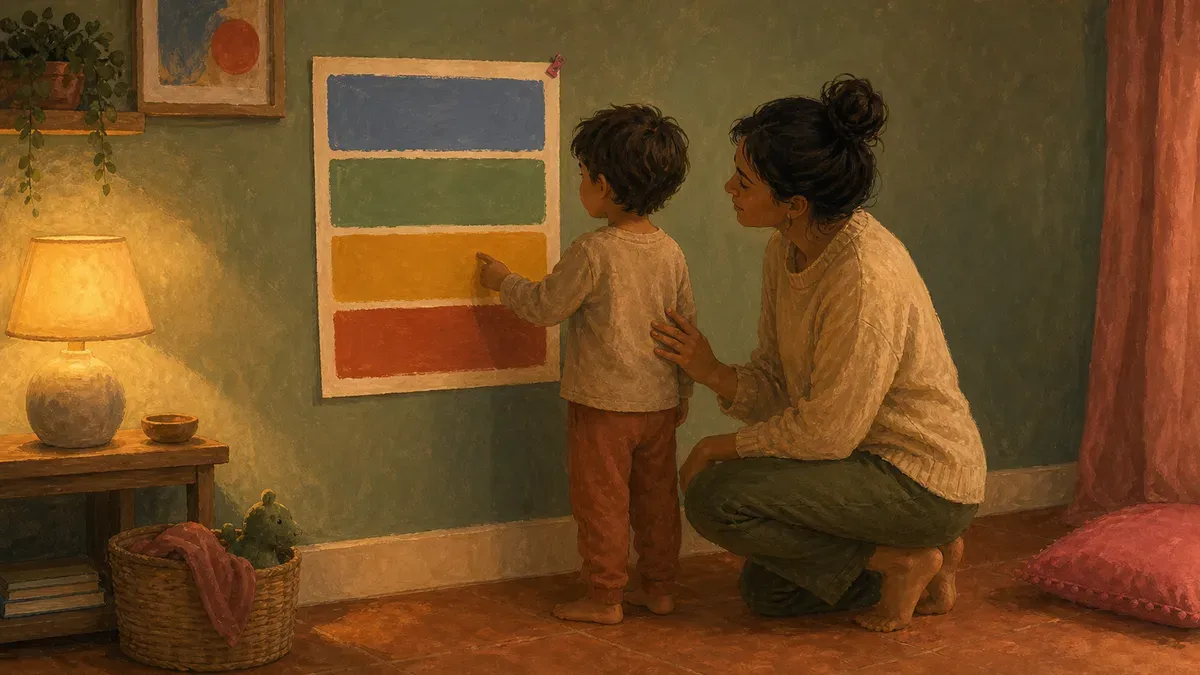 Child pointing to the yellow zone on a feelings chart while a parent kneels beside them