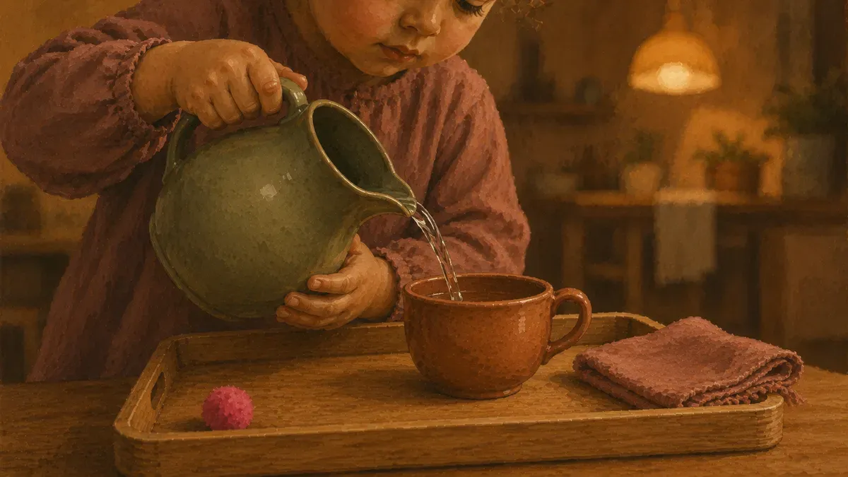 Child pouring water between two small pitchers as a practical life exercise