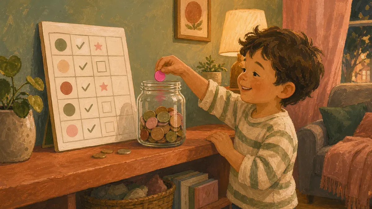 Child proudly putting earned coins into a savings jar next to a chore chart