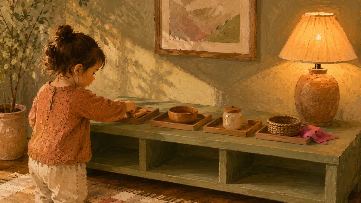 Child reaching for a tray on a low open shelf, choosing an activity independently