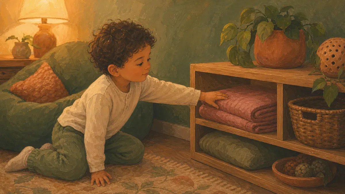 Child reaching toward a soft blanket in a calm corner, showing calming inputs versus overwhelming triggers
