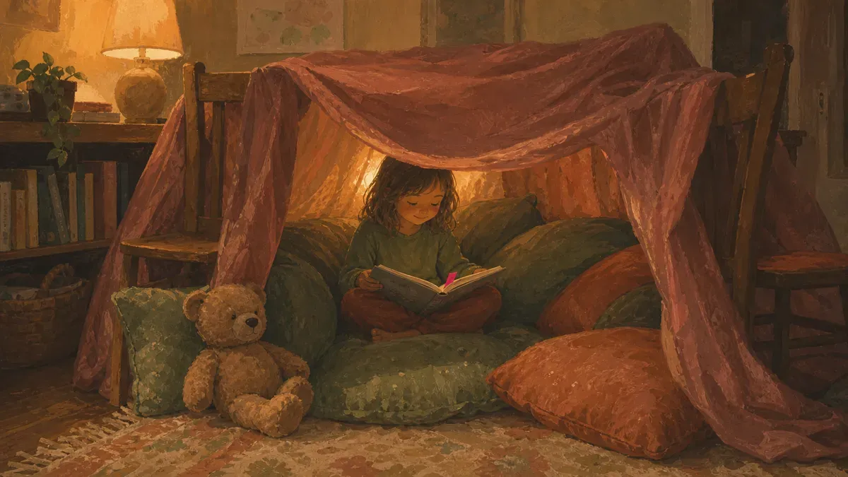 Child reading under a blanket-fort tent in a corner with pillows and a small bookshelf