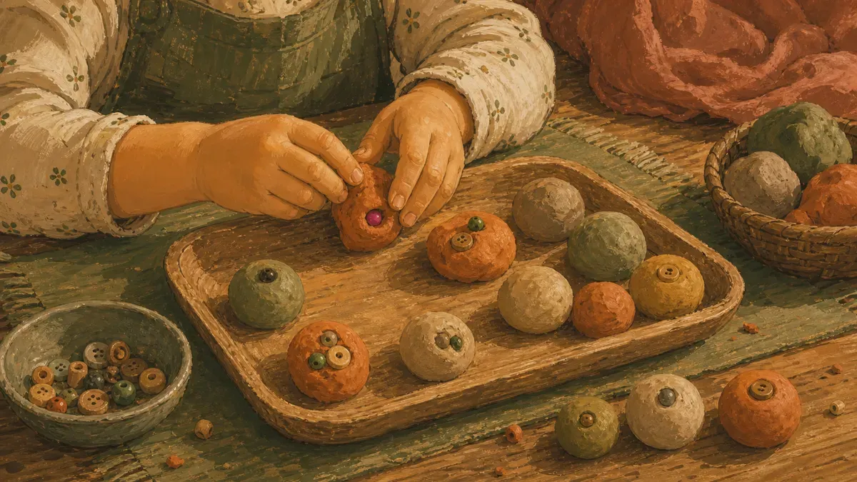 Child rolling and pinching play dough into small balls on a tray