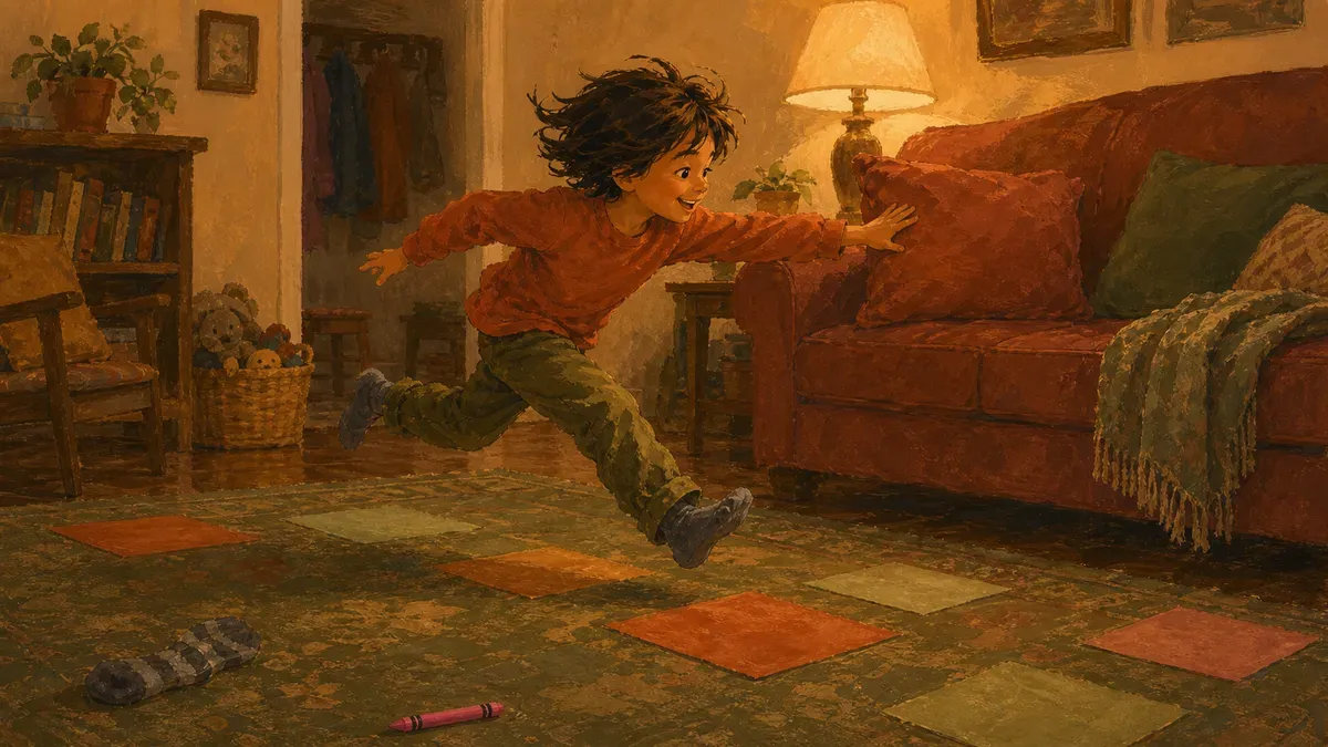 Child running to touch a red object during an active color scavenger hunt indoors