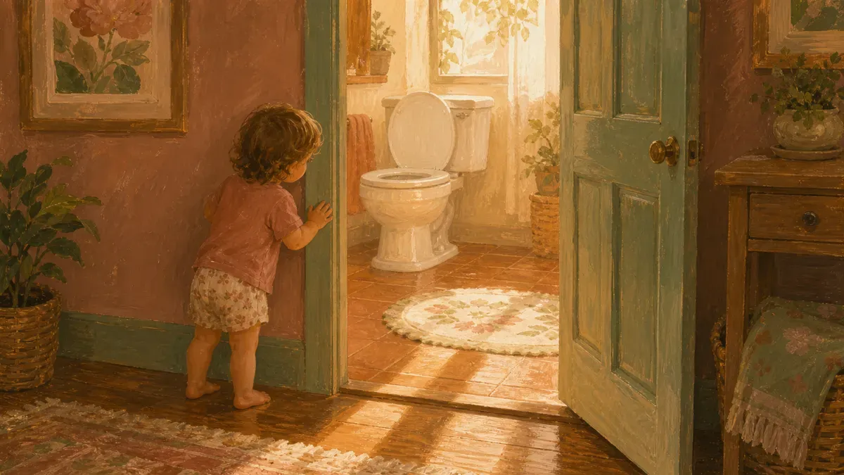 Child showing interest in the toilet, a key potty training readiness sign