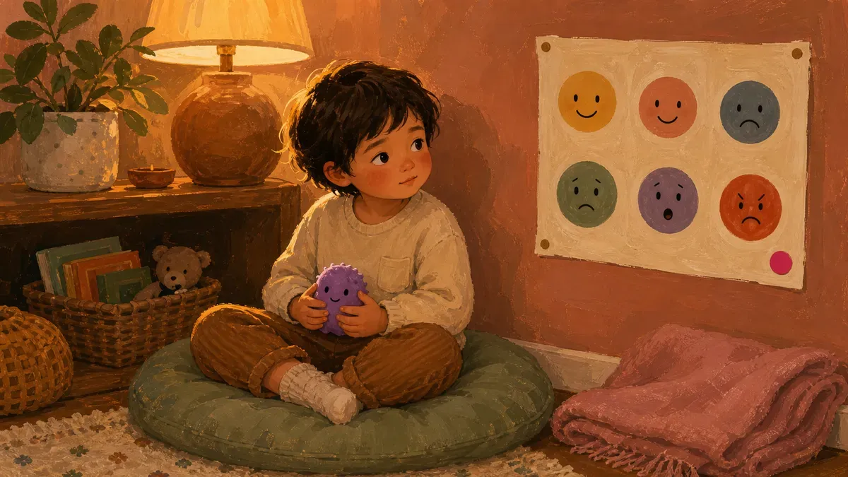 Child sitting calmly in a cozy calm down corner with a feelings poster on the wall